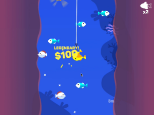 The player struggles against the fishing pole bending as they reel in large fish from the in-game lake.